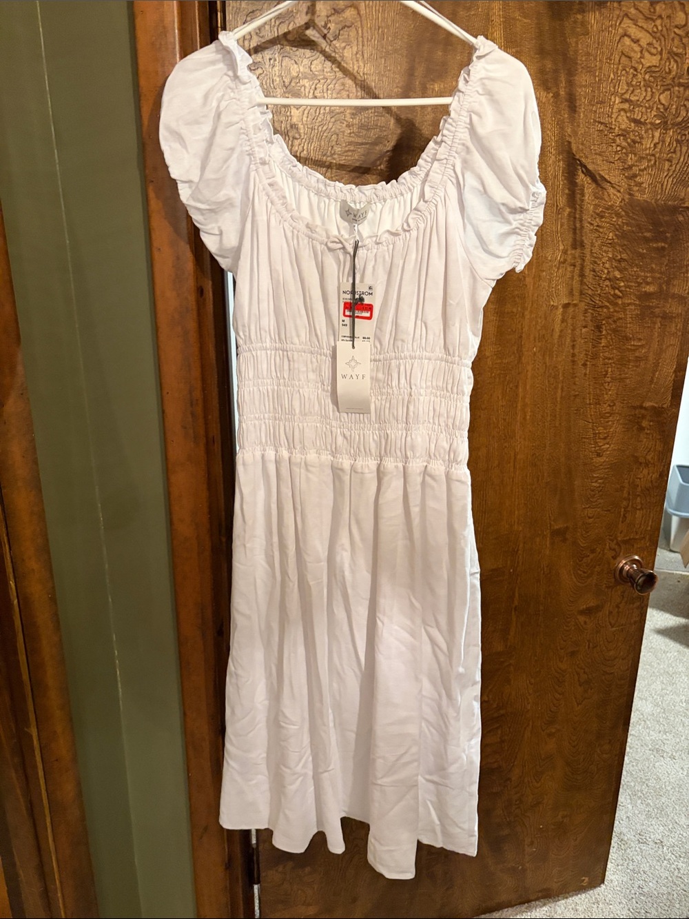 Wayf White Puff-Sleeve Smocked Midi Dress